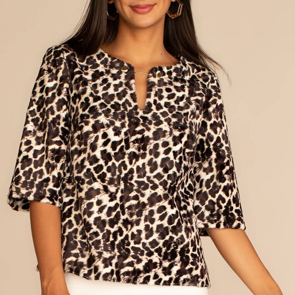 Trina Turk Animal Print Faux Fur 3/4 Sleeve Serpentine Top NWT Size XS - Picture 1 of 9